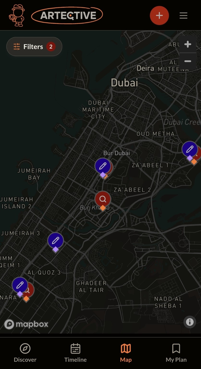 Artective map screen showing cultural leads across Dubai