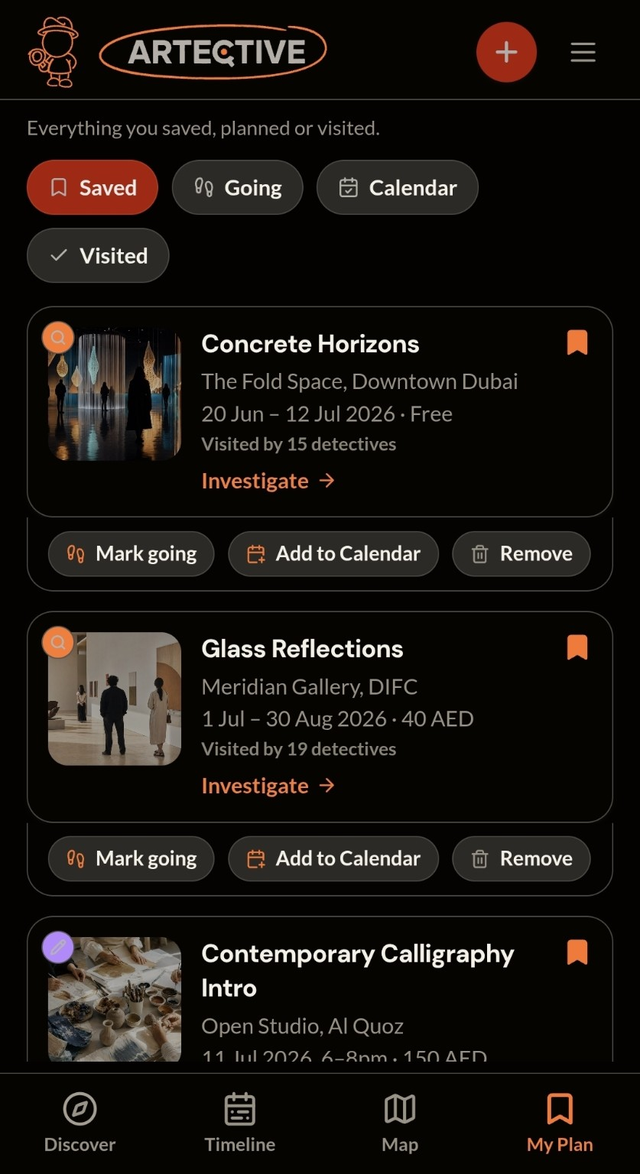 Artective My Plan screen showing saved exhibitions and workshops