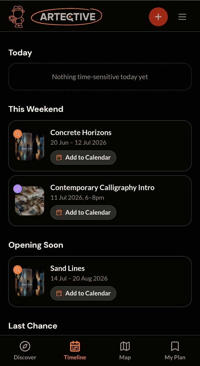 Artective timeline screen showing events today, this weekend and opening soon